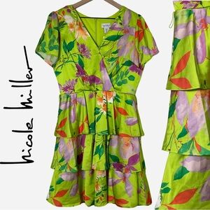 NWT | Nicole Miller Wrap Dress | Satin | Green | Floral | Tiered | Medium